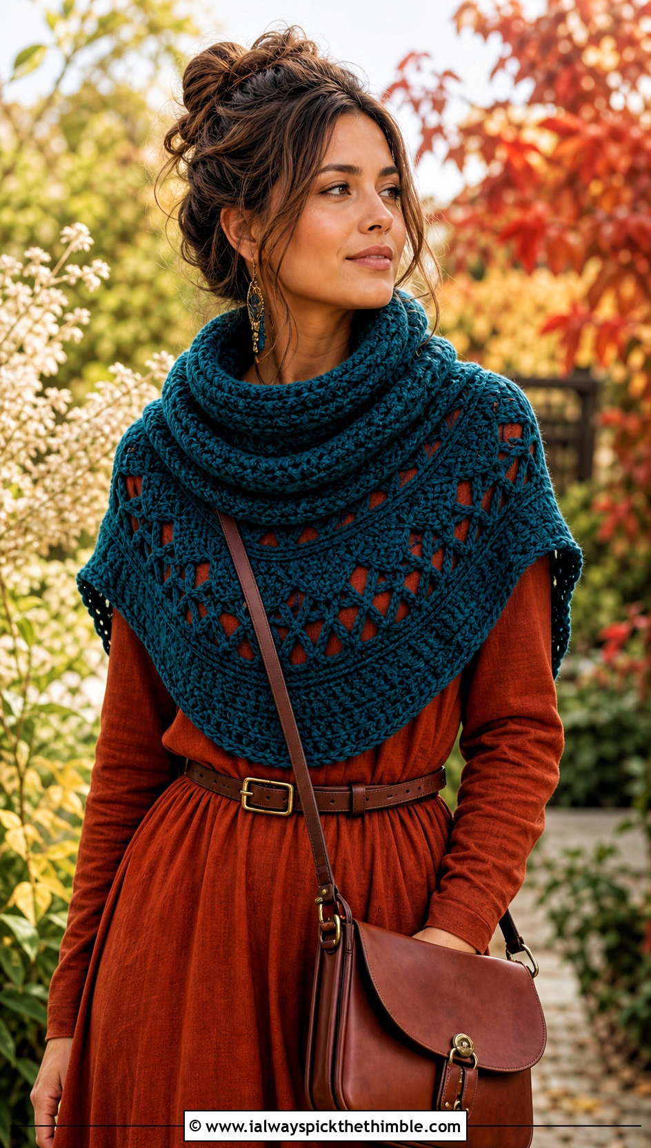 Poncho Crochet Snood Cowl With Maxi Dress - 20 crochet snood cowl outfit ideas