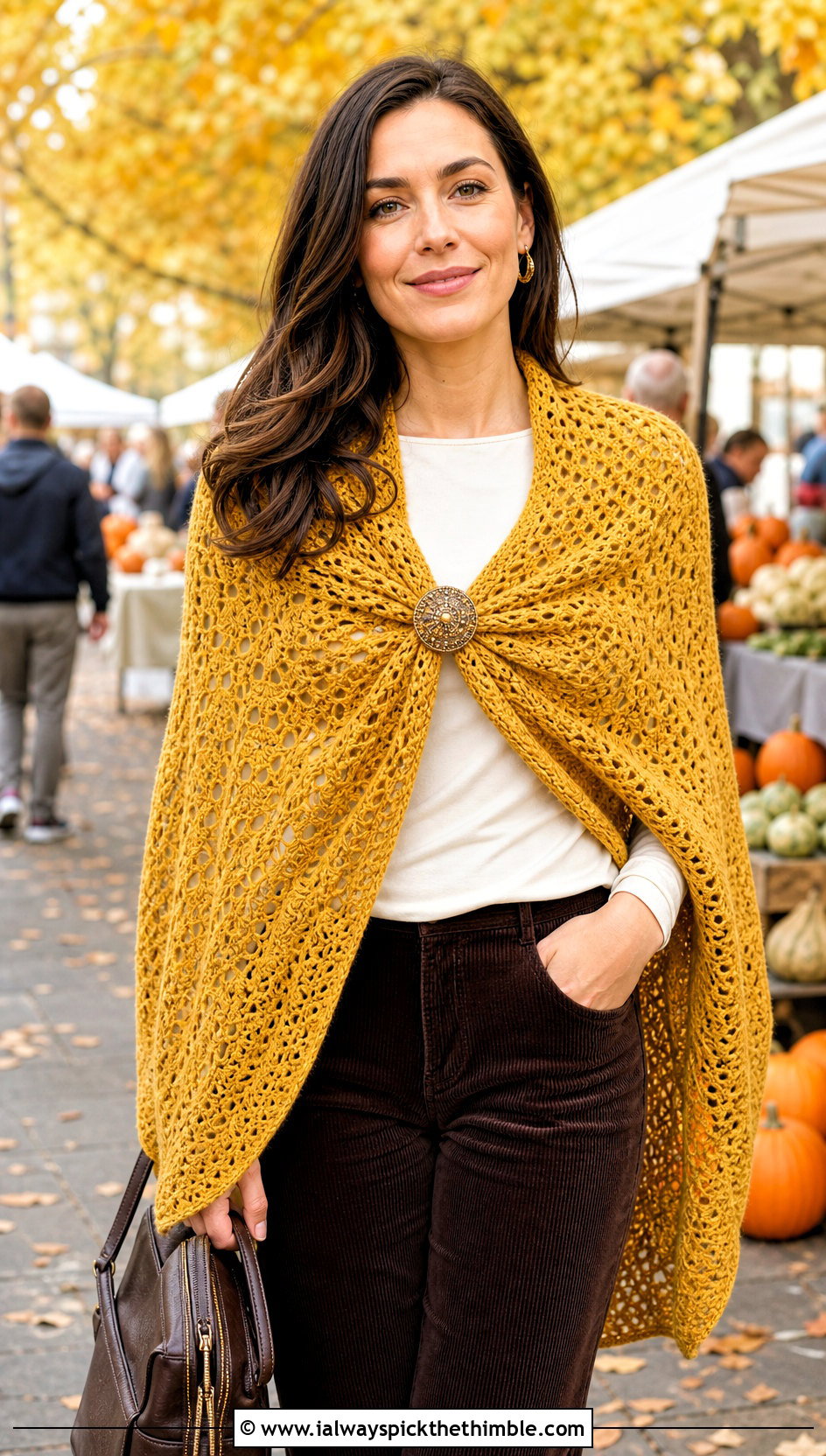 Poncho Pinned Fall River Crochet Shawl With Corduroy Pants - 20 Fall River Crochet Shawl outfit ideas