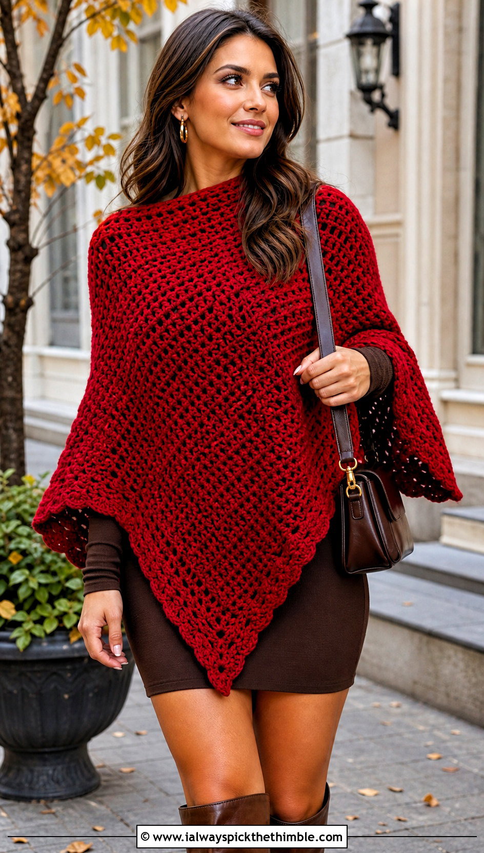 Poncho Red Crochet Shawl With Mini Dress And Tall Boots - 15 red crochet shawl outfit ideas
