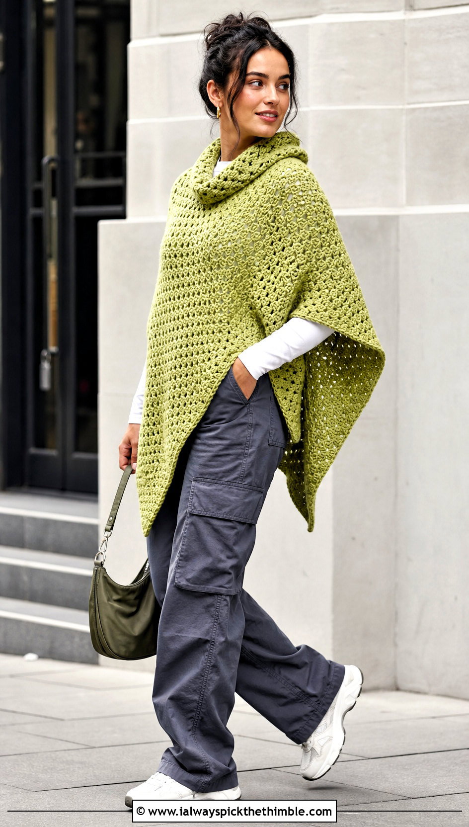 Poncho Style Block Stitch Crochet Shawl With Cargo Pants - 15 Block Stitch Crochet Shawl outfit ideas