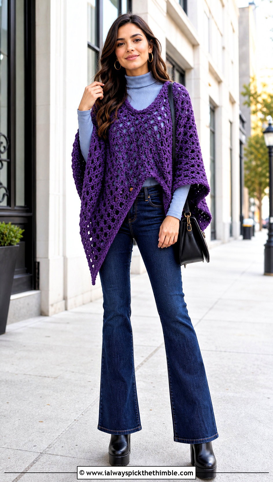 Poncho Style Crochet Blanket Shawl With Flared Jeans - 15 Crochet Shawl Blanket outfit ideas