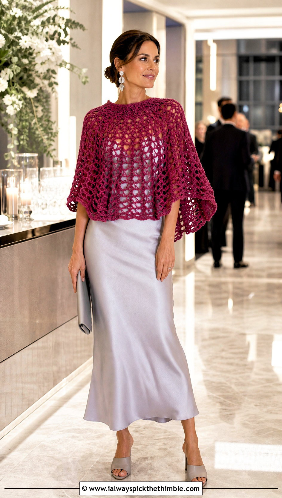 Poncho Style Crochet Capelet With Slip Dress - 25 crochet capelet outfit ideas