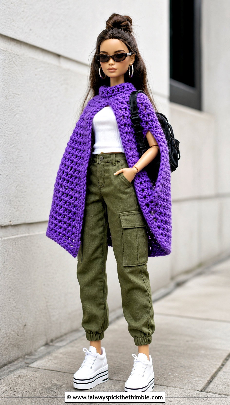 Poncho Style Crochet Doll Cape With Cargo Pants - 20 Crochet Doll Cape outfit ideas