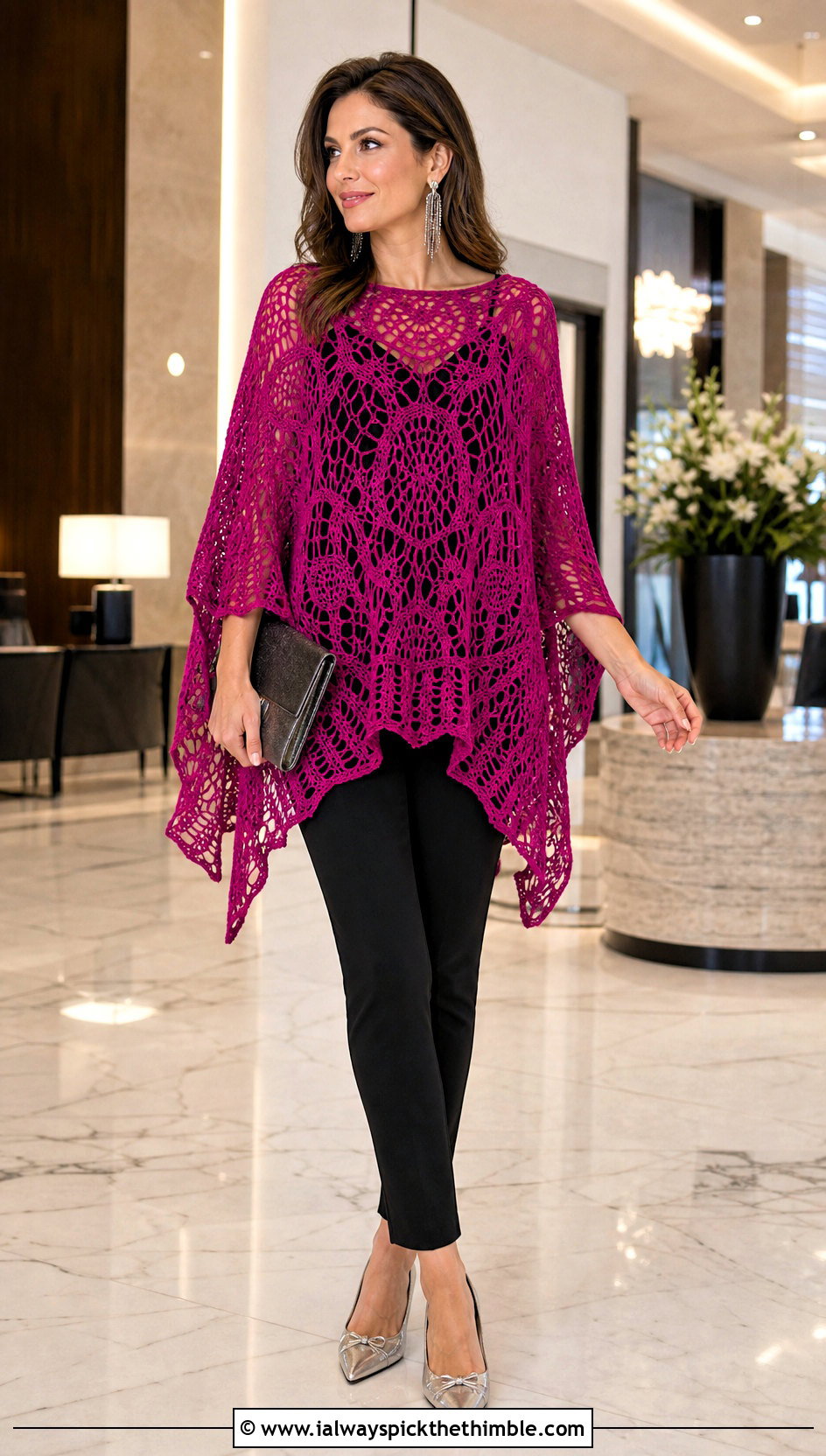 Poncho Style Crochet Lace Top With Slim Pants - 20 crochet lacy summer tops outfit ideas