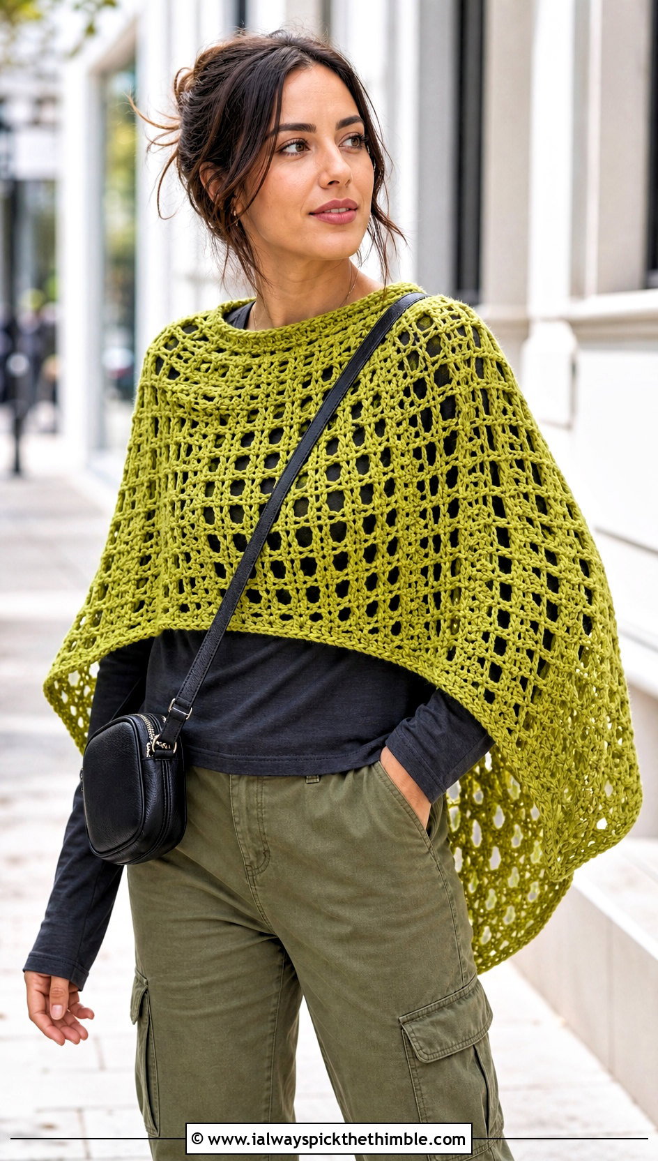 Poncho Style Crochet Shawl With Cargo Pants - 20 boho crochet shawl outfit ideas