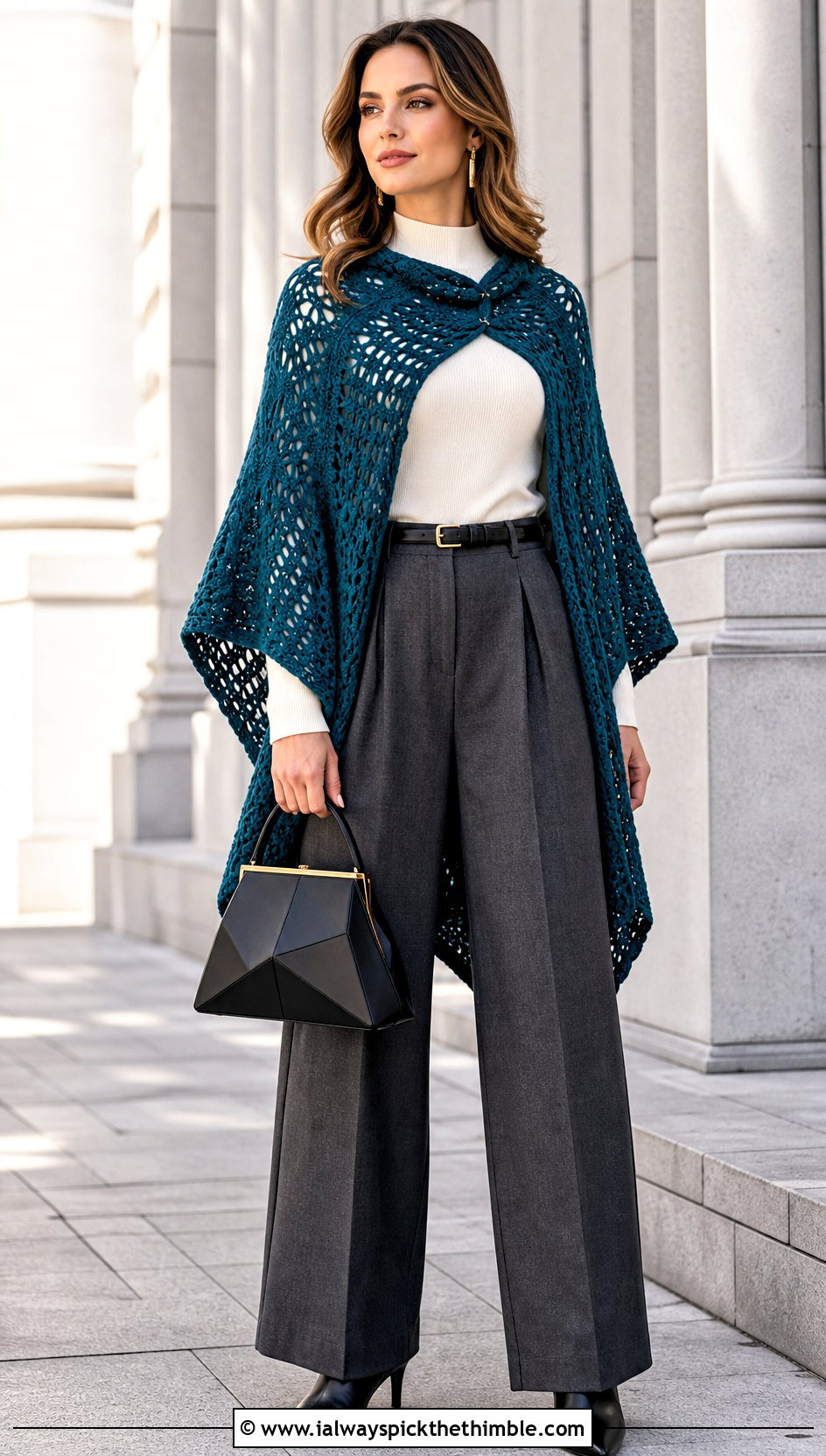 Poncho Style Crochet Shawl With Wide Leg Trousers - 20 Fall Crochet Shawl outfit ideas