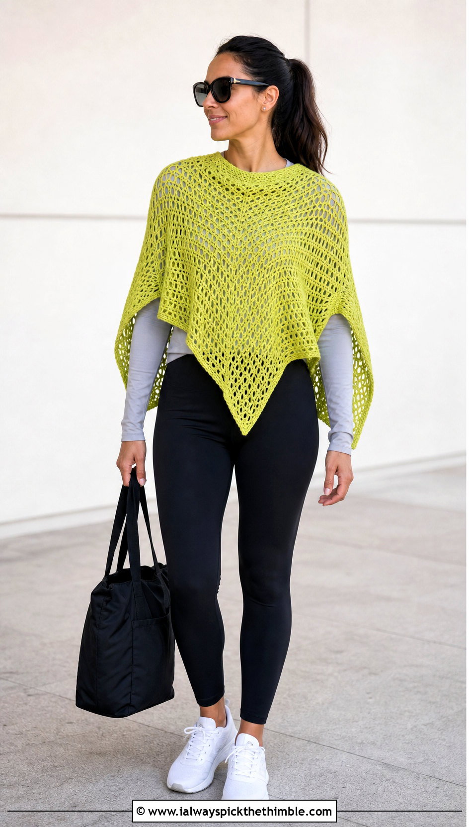 Poncho Style Crochet Sweater Shawl With Leggings - 20 crochet sweater shawl outfit ideas