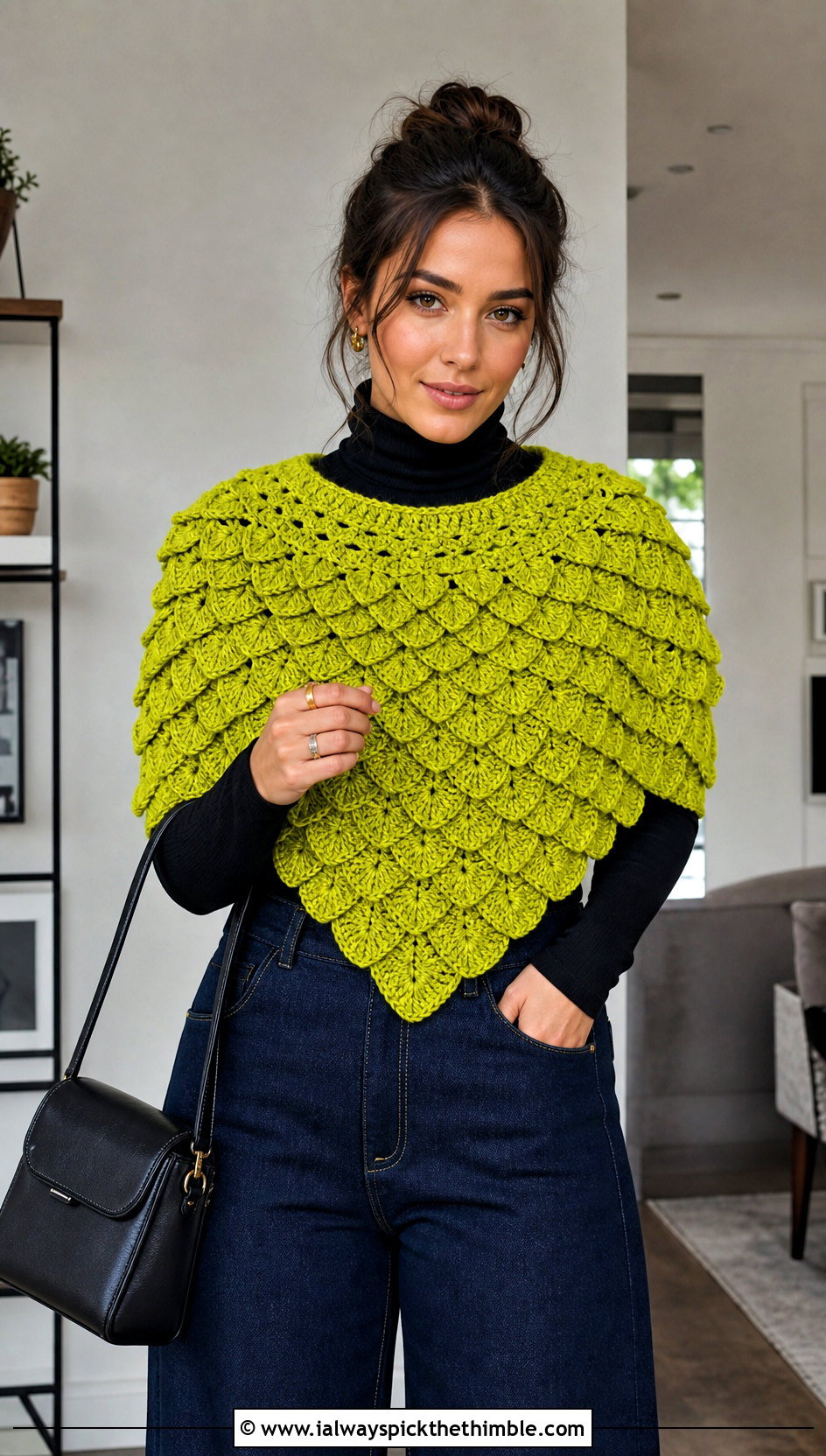 Poncho Style Crocodile Stitch Crochet Shawl With Wide Leg Jeans - 15 crocodile stitch crochet shawl outfit ideas