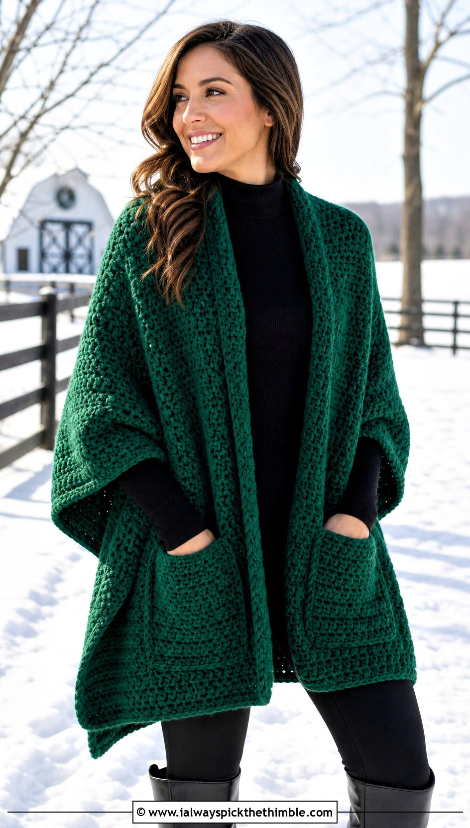Poncho Style Pocket Shawl With Tall Boots - 20 Crochet Pocket Scarf Shawl outfit ideas