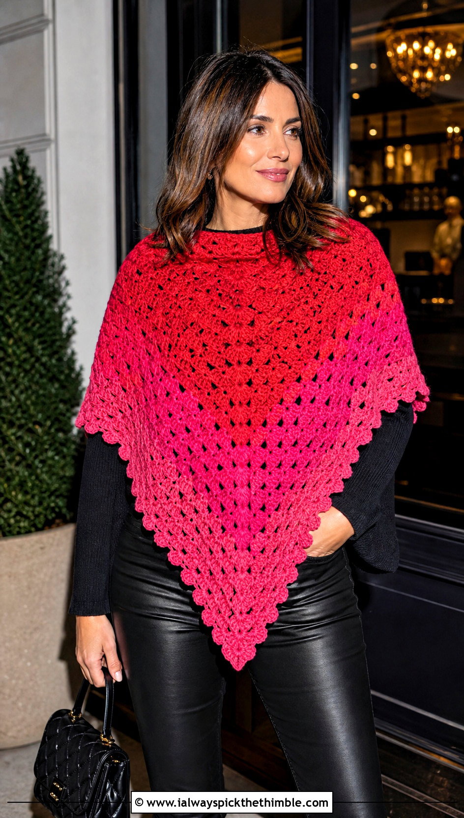 Poncho Style Shawl In A Cake With Faux Leather Pants - 20 Crochet Shawl In A Cake outfit ideas