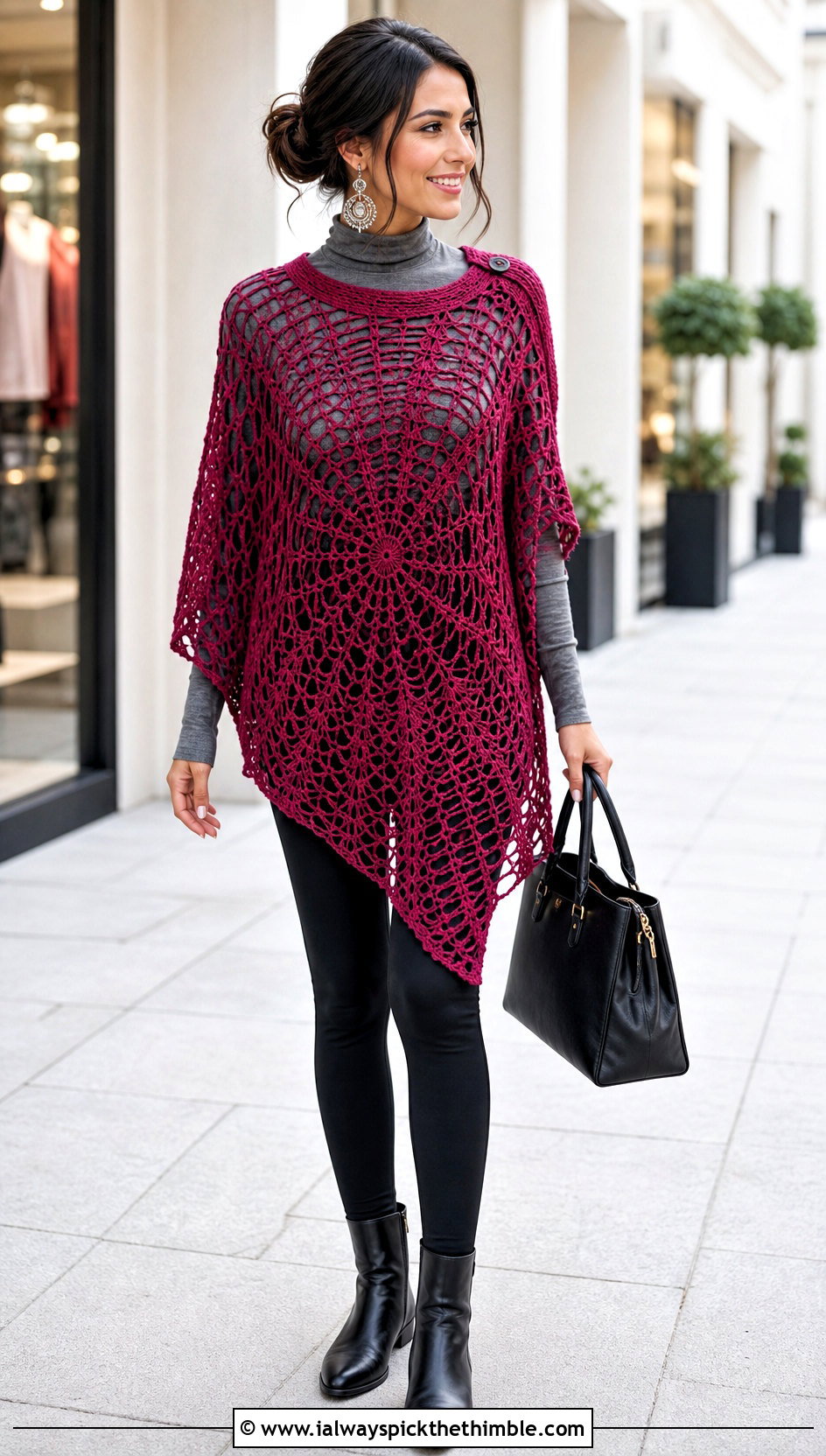 Poncho Style Spiderweb Crochet Shawl With Leggings - 20 spiderweb crochet shawl outfit ideas