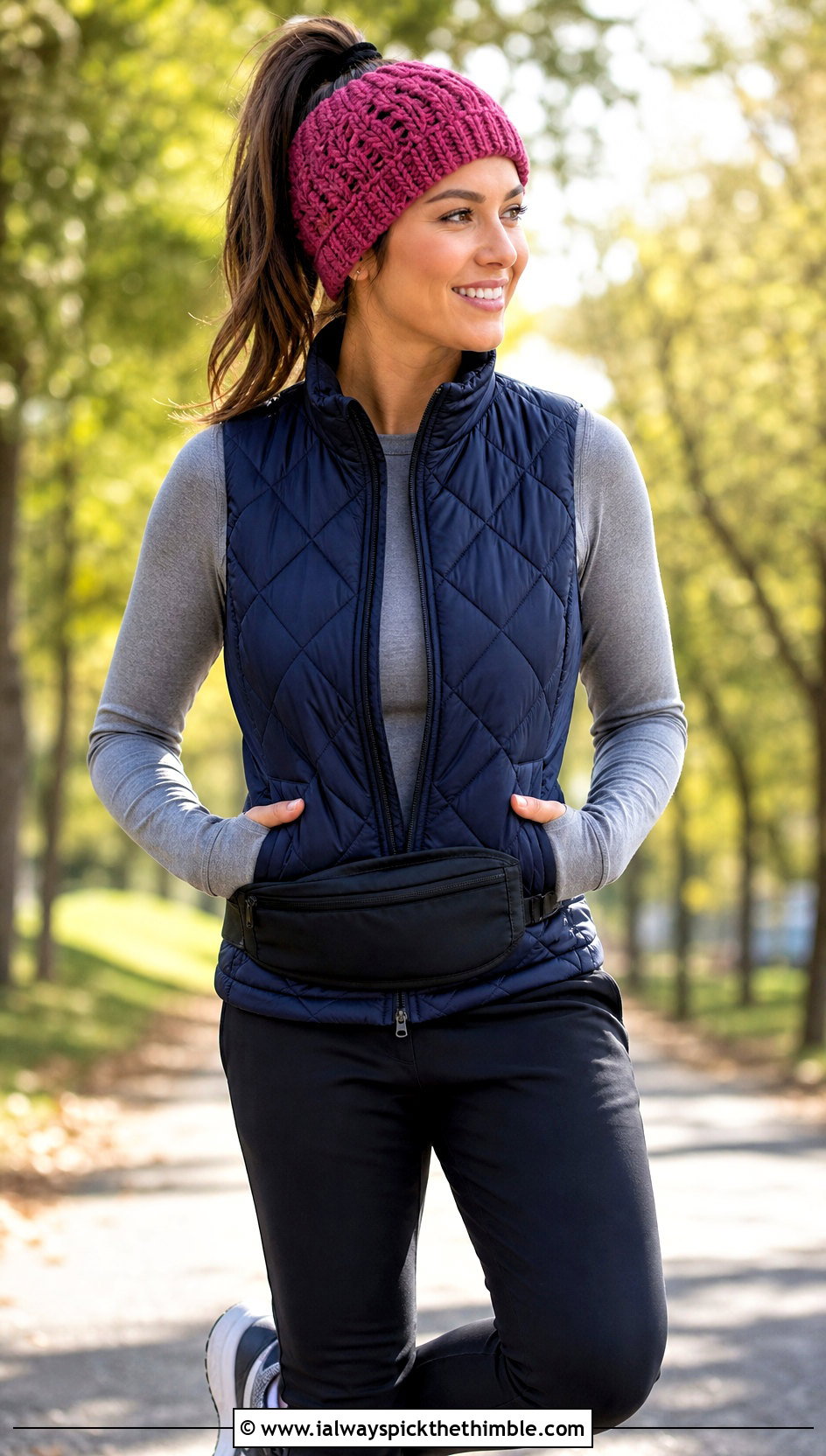 Ponytail Crochet Beanie With Quilted Vest And Joggers - 25 easy crochet beanie womens outfit ideas