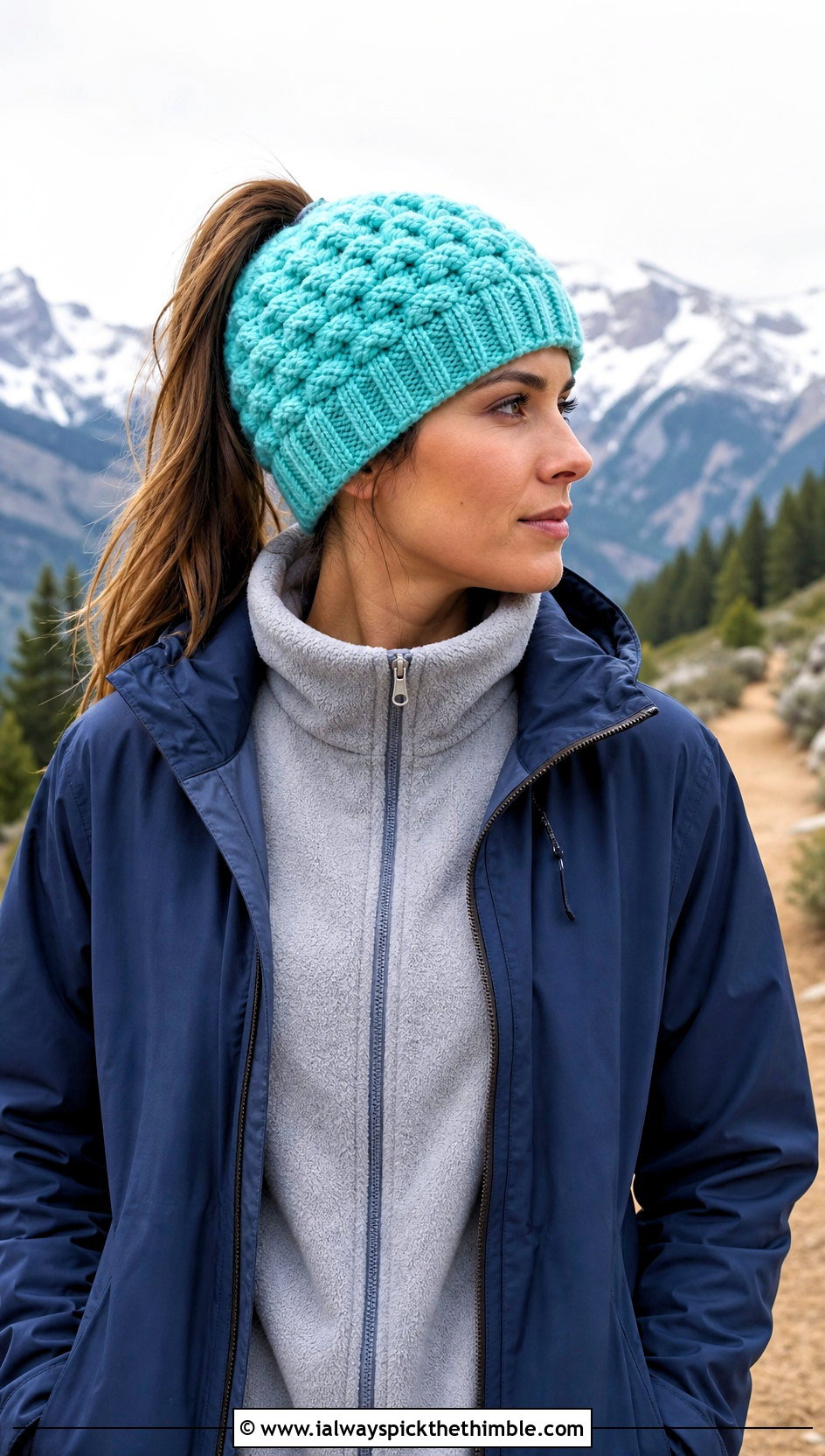 Ponytail Crochet Bubble Beanie With Hiking Layers - 20 Crochet Bubble Hat outfit ideas