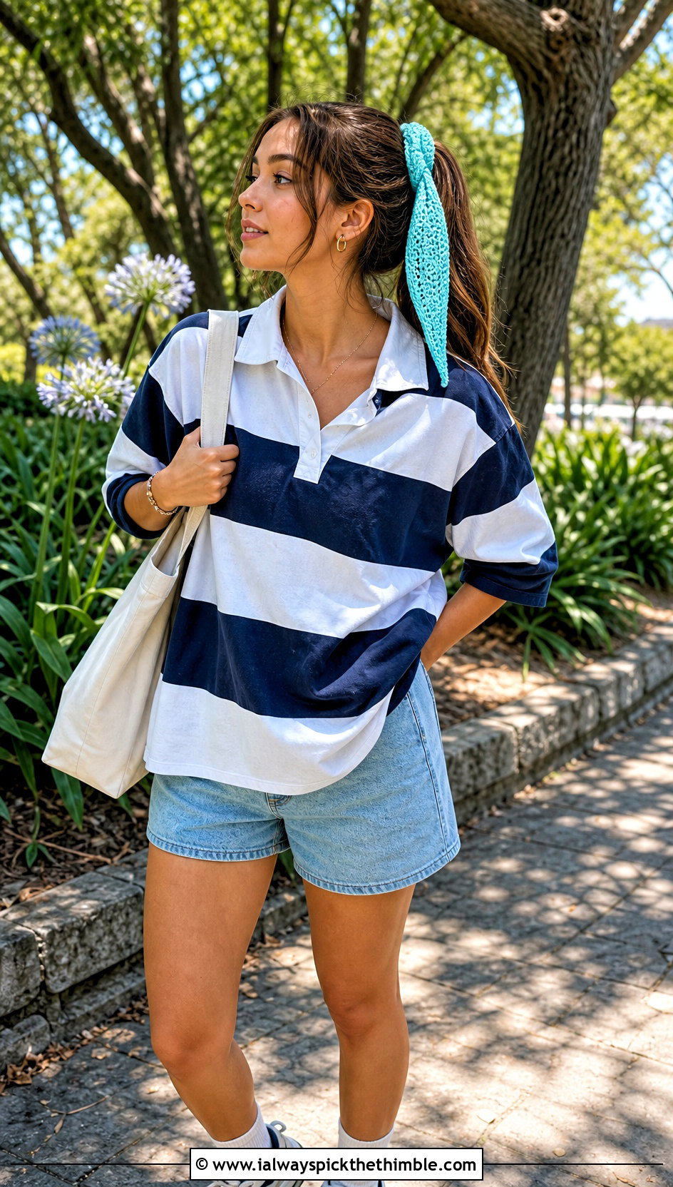 Ponytail Crochet Hair Wrap With Rugby Shirt And Denim Shorts - 25 crochet hair wrap outfit ideas