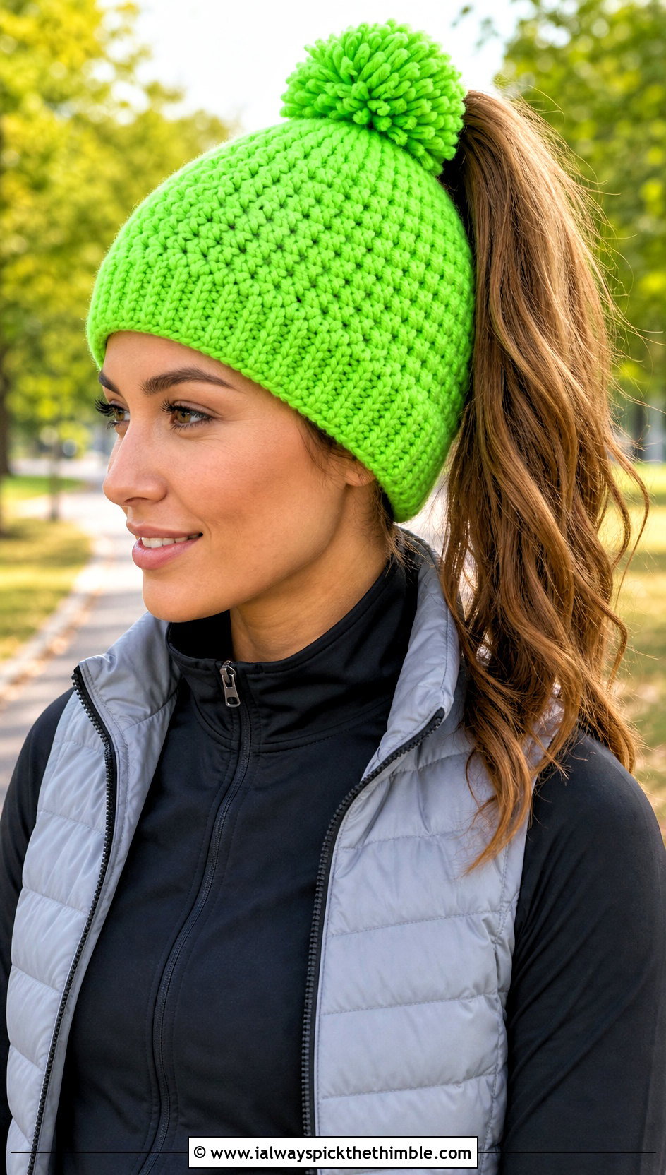 Ponytail Crochet Pom Pom Beanie With Athleisure Set - 20 crochet beanie with pom pom outfit ideas