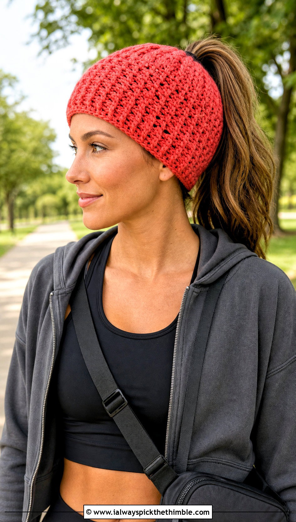 Ponytail Crossed Half Double Crochet Beanie With Athleisure - 15 crossed half double crochet hat outfit ideas