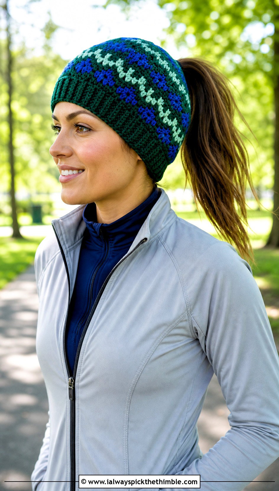 Ponytail Fair Isle Crochet Beanie With Running Jacket - 20 fair isle crochet hat outfit ideas