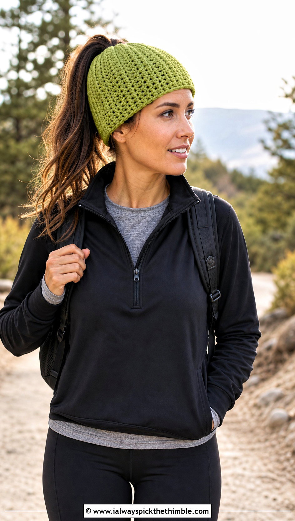 Ponytail Half Double Crochet Beanie With Quarter Zip And Leggings - 20 Half Double Crochet Hat outfit ideas