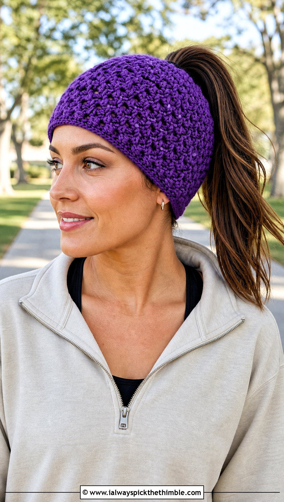 Ponytail Moss Stitch Beanie With Quarter Zip Sweatshirt - 20 Crochet Moss Stitch Hat outfit ideas