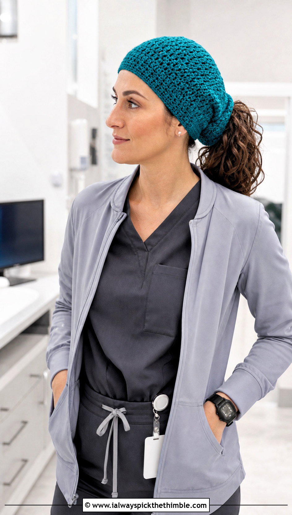 Ponytail Pouch Crochet Scrub Cap With Jogger Scrubs - 20 Crochet Scrub Cap outfit ideas