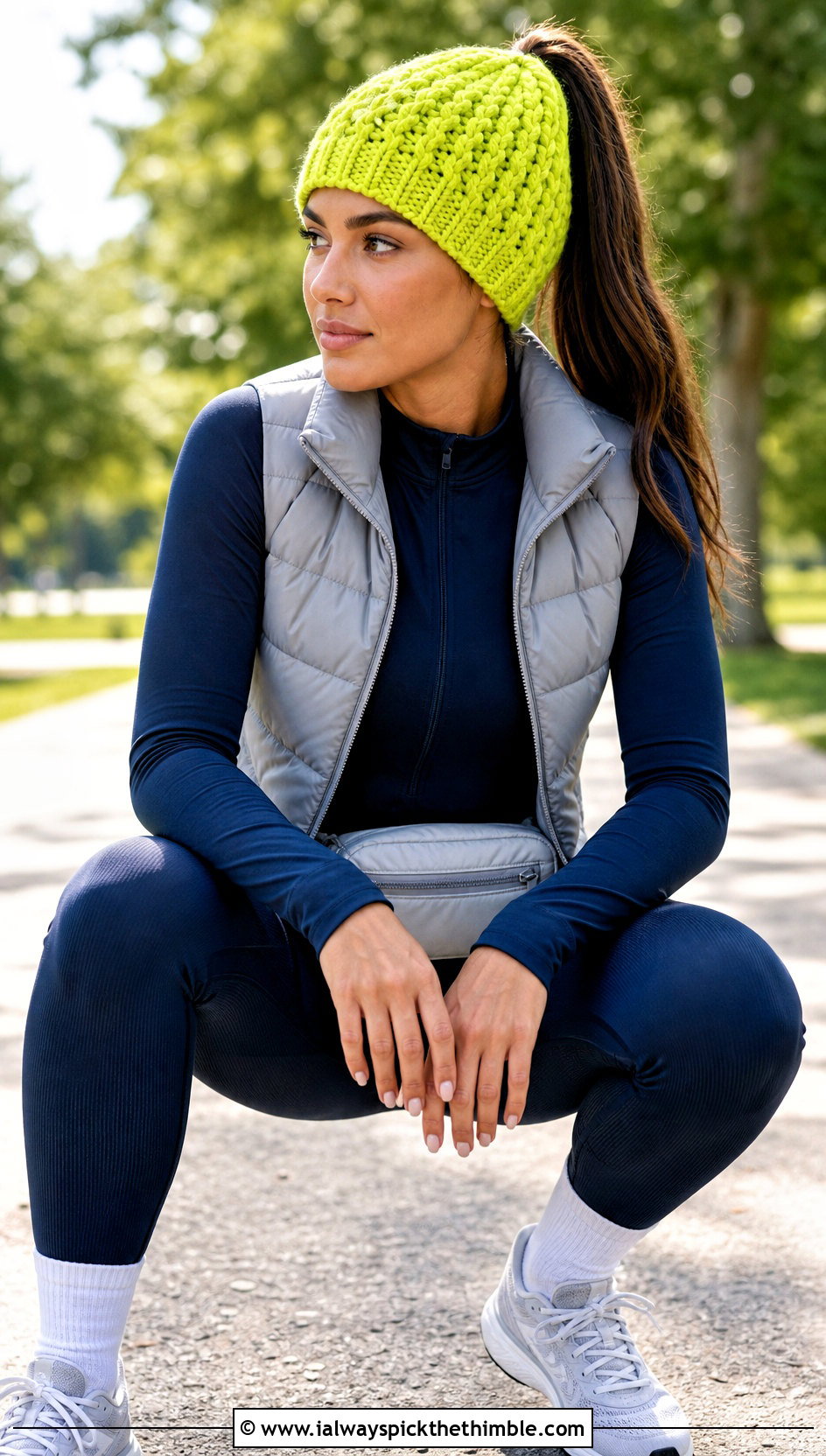 Ponytail Puff Stitch Beanie With Athleisure Set - 20 crochet puff stitch beanie outfit ideas