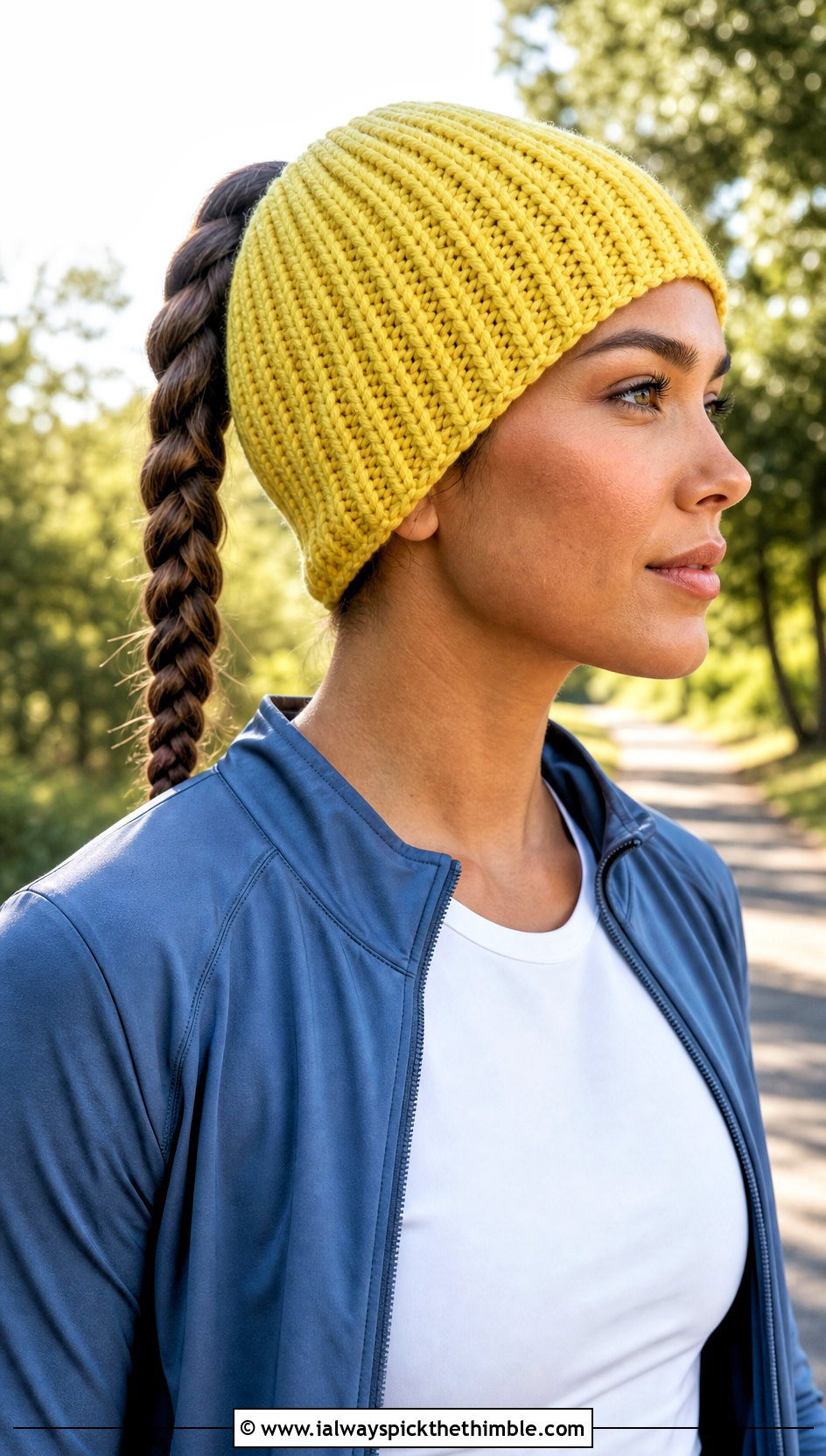 Ponytail Ribbed Crochet Beanie With Running Jacket - 25 ribbed crochet hat outfit ideas