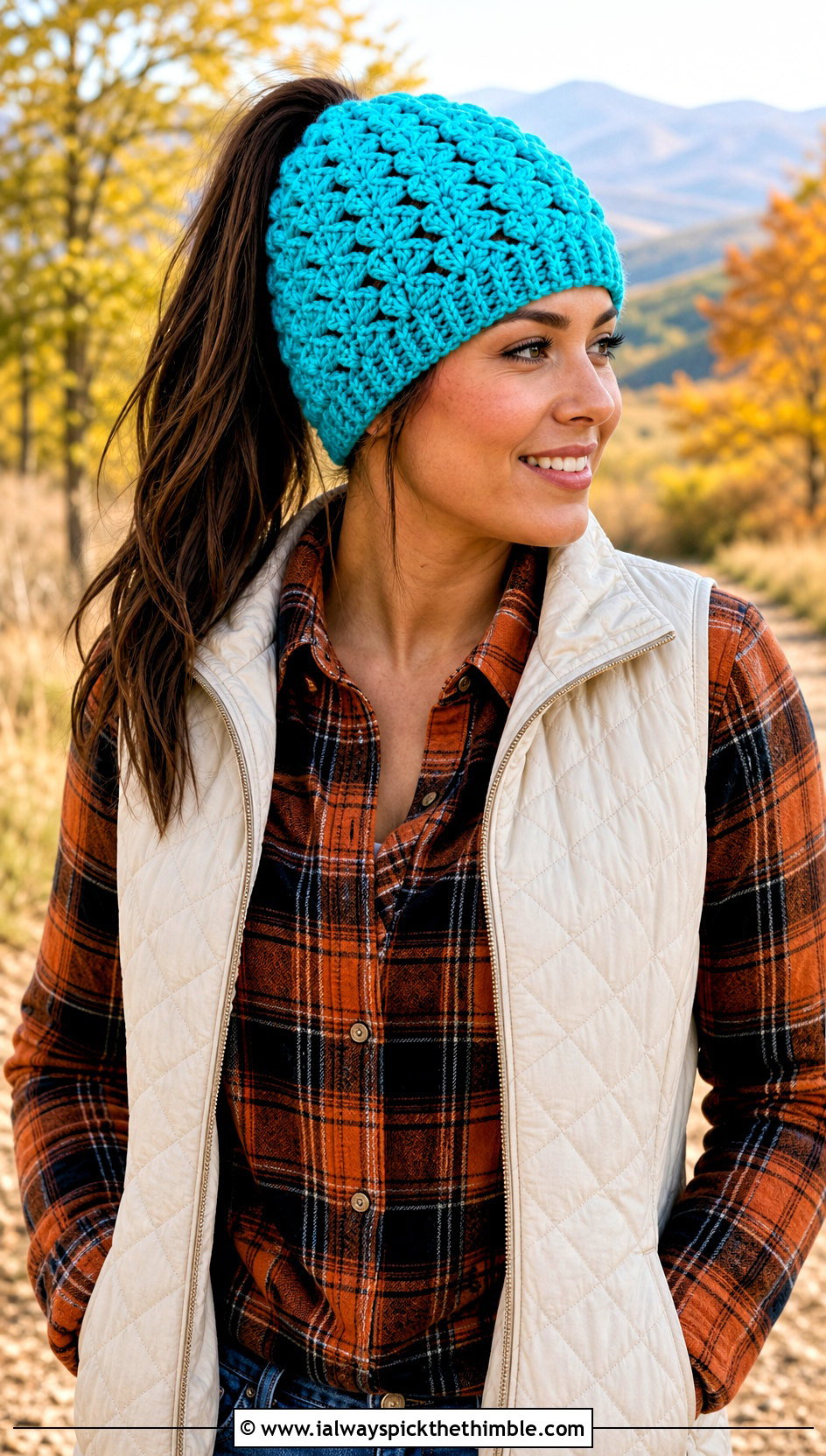 Ponytail Shell Crochet Beanie With Quilted Vest And Flannel Shirt - 20 shell crochet beanie outfit ideas