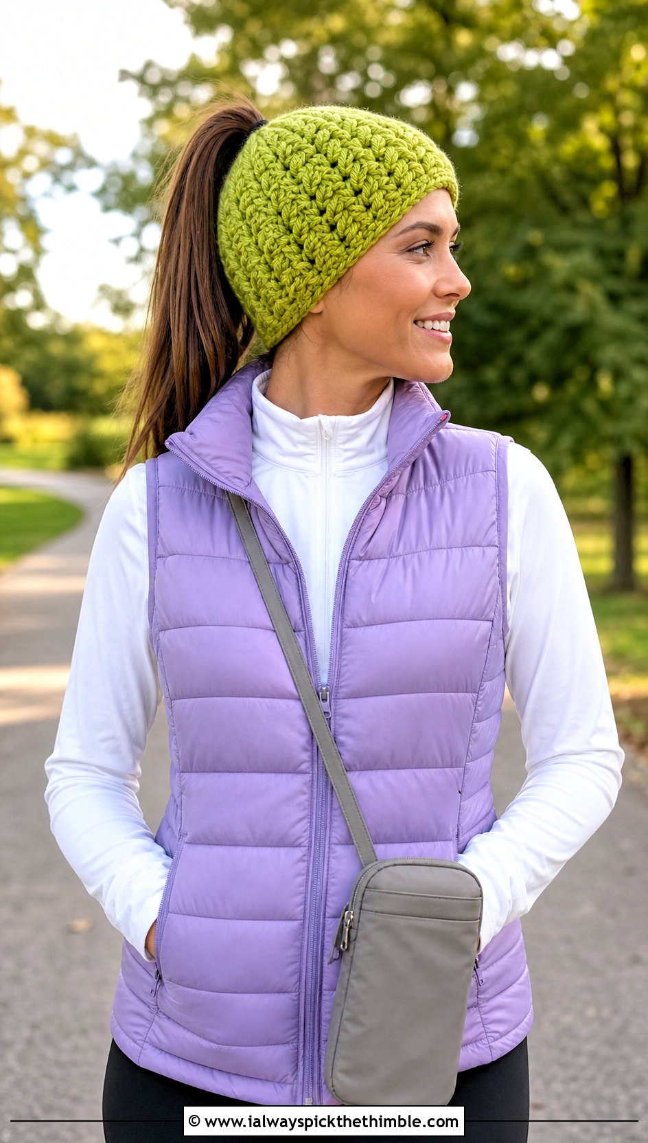 Ponytail Softee Chunky Crochet Beanie With Quilted Vest - 15 Softee Chunky Crochet Hat outfit ideas
