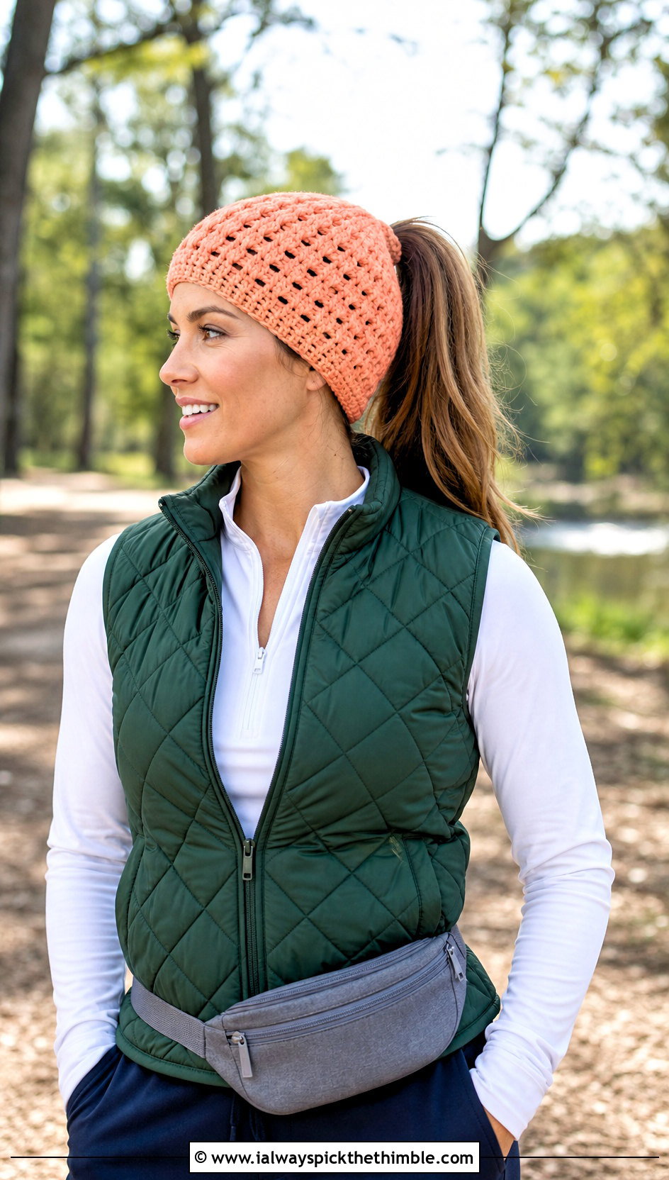 Ponytail Star Stitch Crochet Beanie With Quilted Vest - 20 Star Stitch Crochet Beanie outfit ideas
