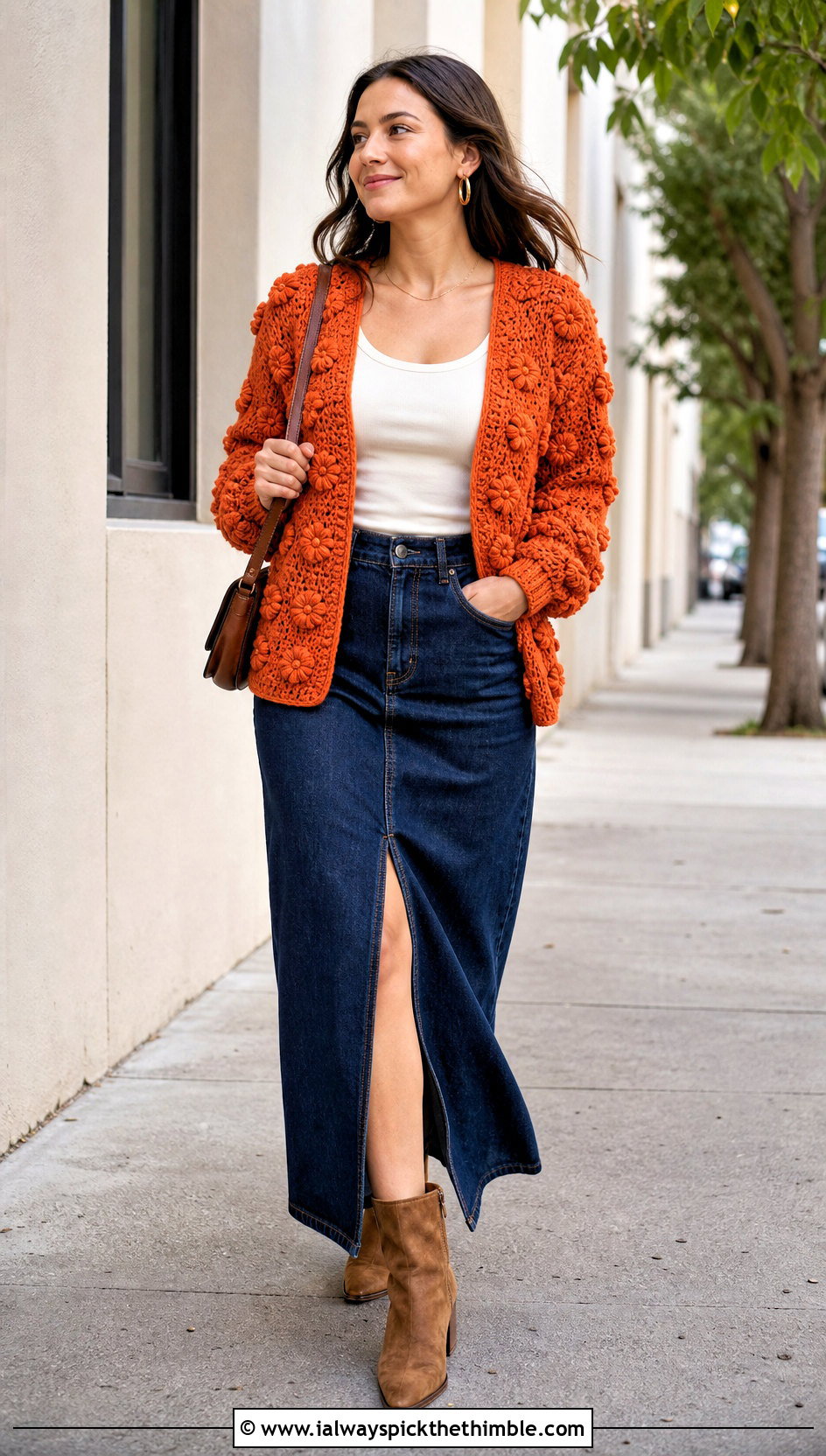 Popcorn Flower Cardigan With Denim Maxi Skirt - 20 crochet flower sweater outfit ideas