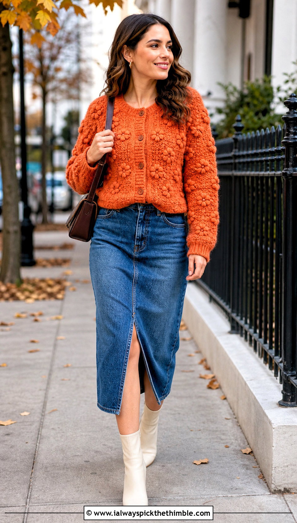 Popcorn Flower Cardigan With Denim Midi Skirt - 20 crochet flowers on sweater outfit ideas
