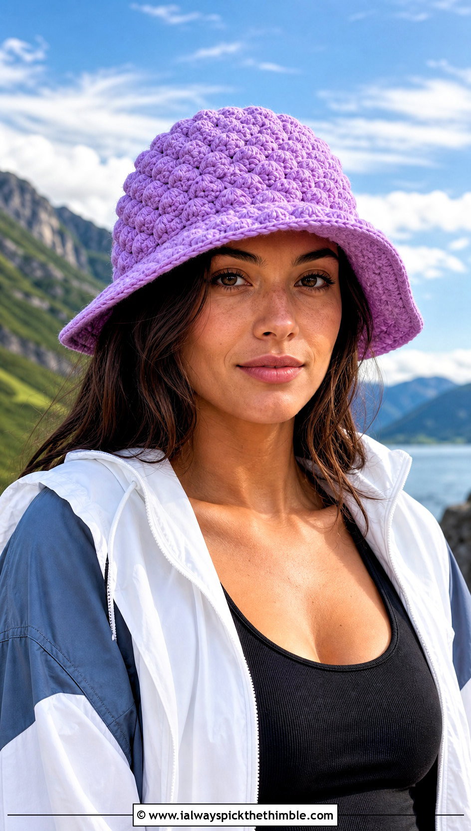 Popcorn Stitch Bucket Hat With Windbreaker And Track Pants - 20 crochet stitch hat outfit ideas