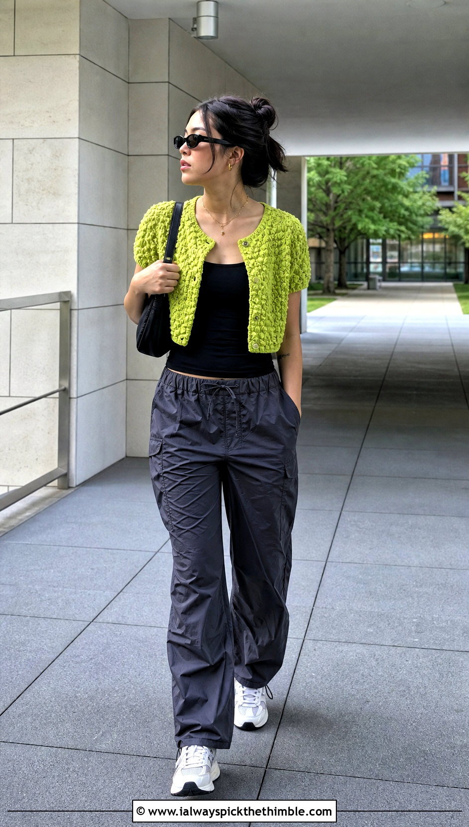 Popcorn Stitch Cardigan With Parachute Pants - 20 short sleeve crochet cardigan outfit ideas