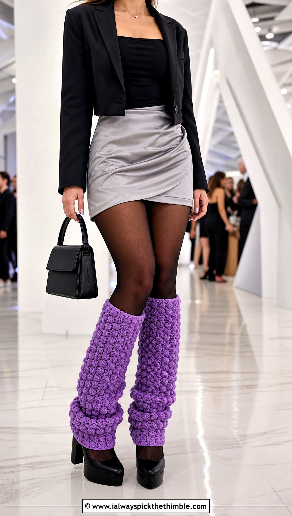 Popcorn Stitch Chunky Crochet Leg Warmers With Satin Skirt And Heels - 20 chunky crochet leg warmers outfit ideas