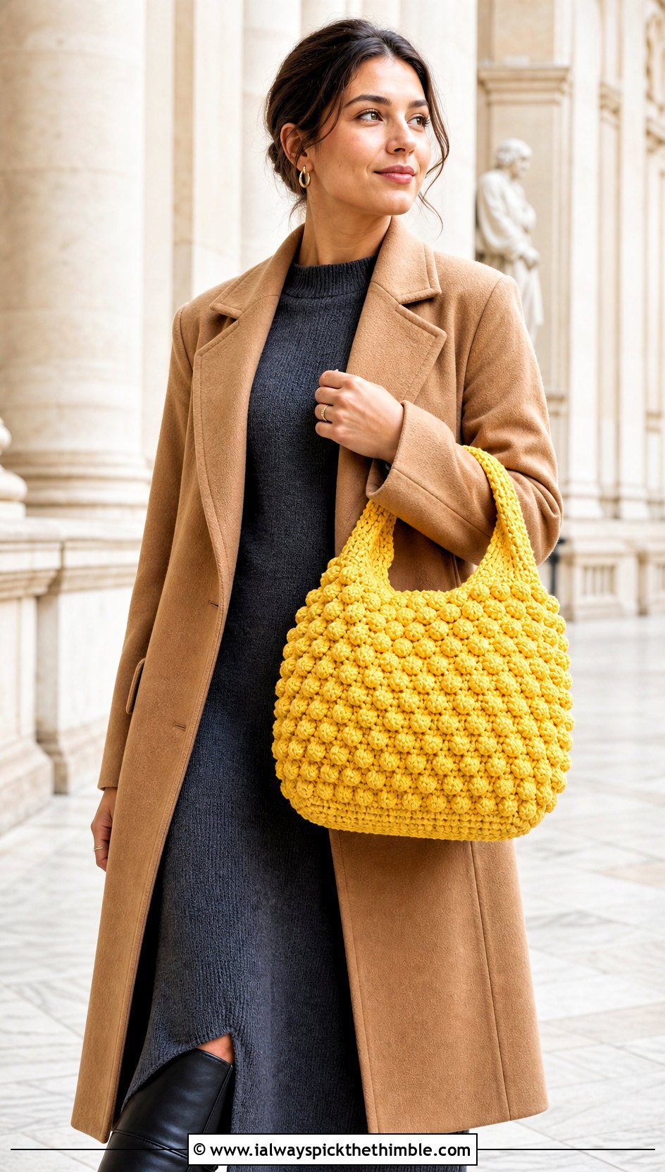 Popcorn Stitch Crochet Bag With Knit Dress - 25 crochet bag outfit ideas