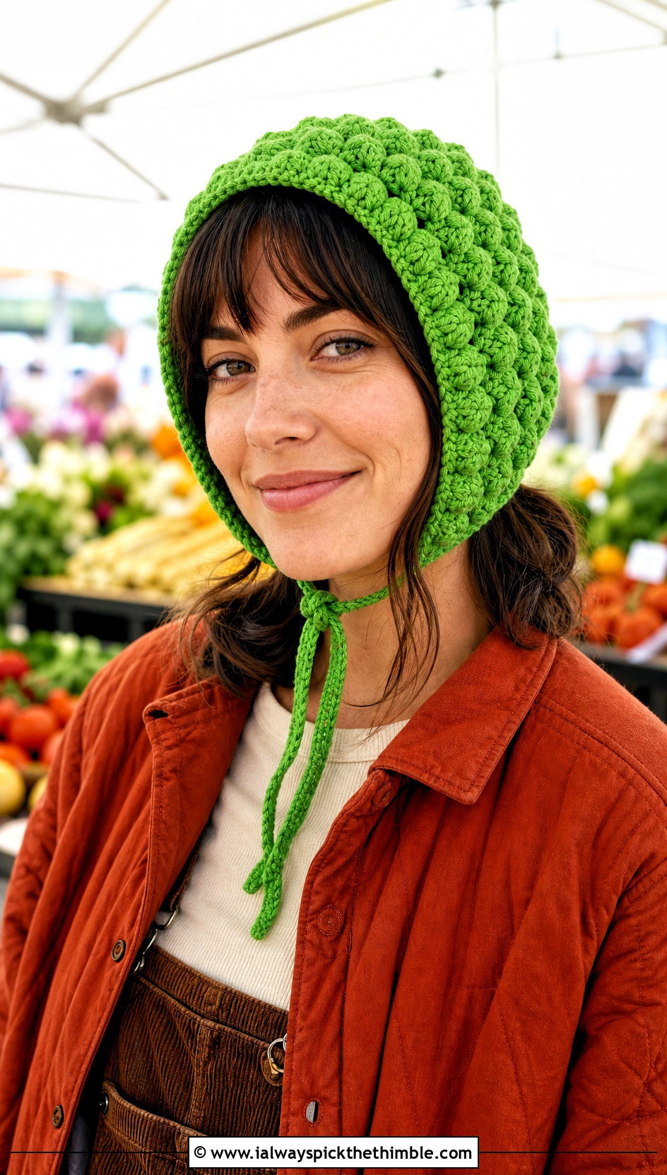 Popcorn Stitch Crochet Bonnet With Quilted Jacket - 15 Textured Crochet Hat outfit ideas