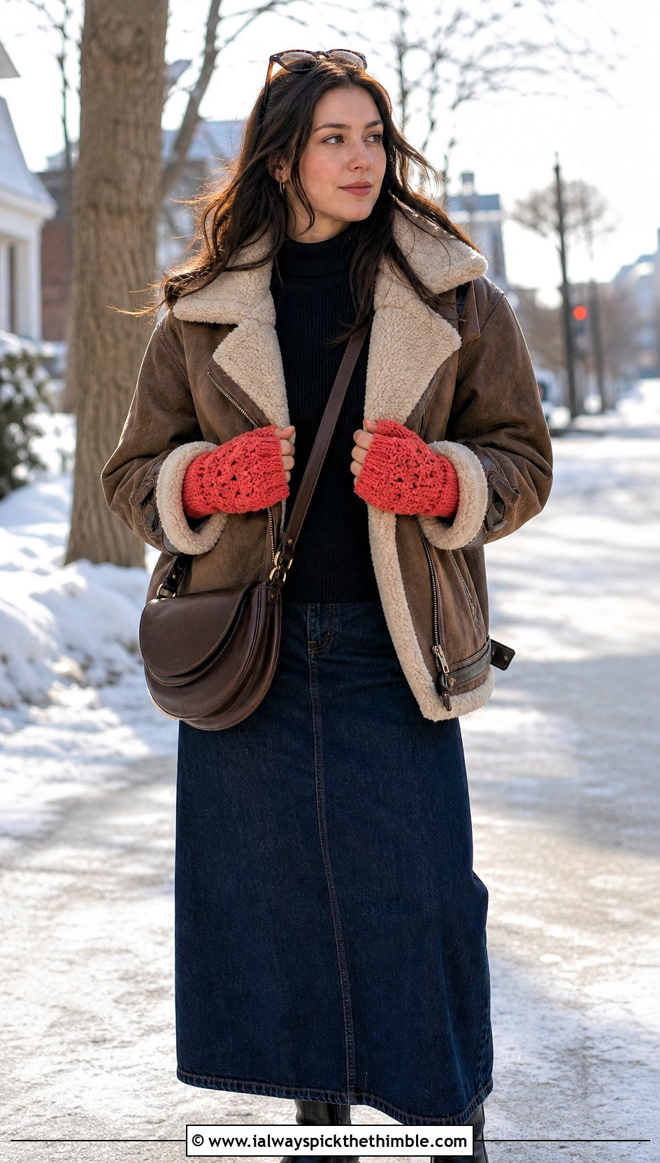 Popcorn Stitch Crochet Fingered Gloves With Shearling Jacket And Denim Skirt - 15 Crochet Fingered Gloves outfit ideas