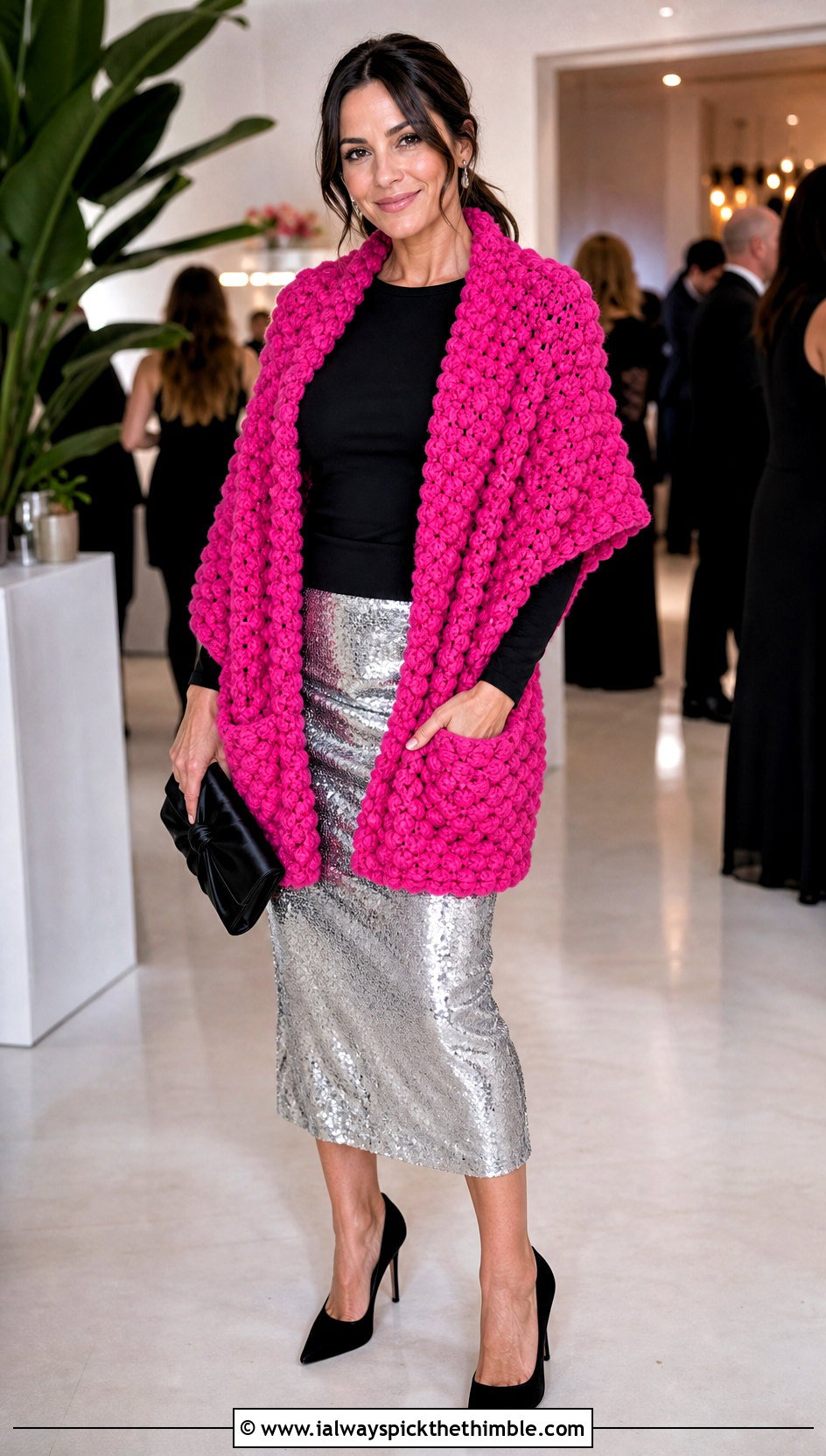 Popcorn Stitch Crochet Pocket Shawl With Sequin Skirt - 25 crochet pocket shawl outfit ideas