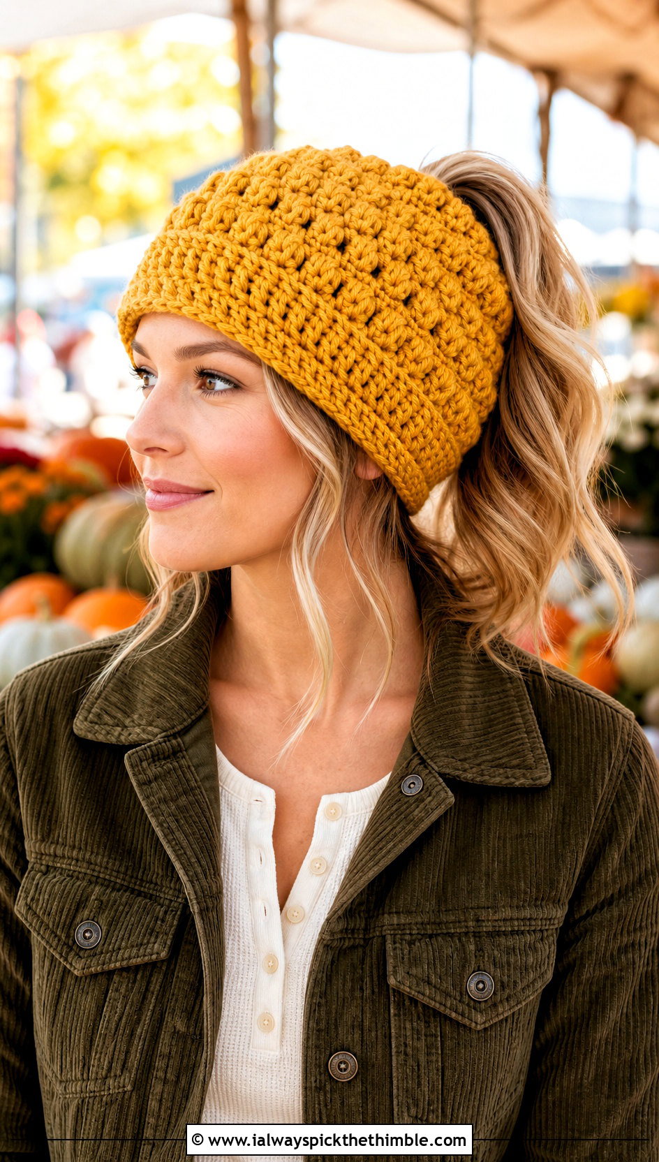 Popcorn Stitch Crochet Ponytail Hat With Corduroy Jacket - 20 easy crochet ponytail hat outfit ideas