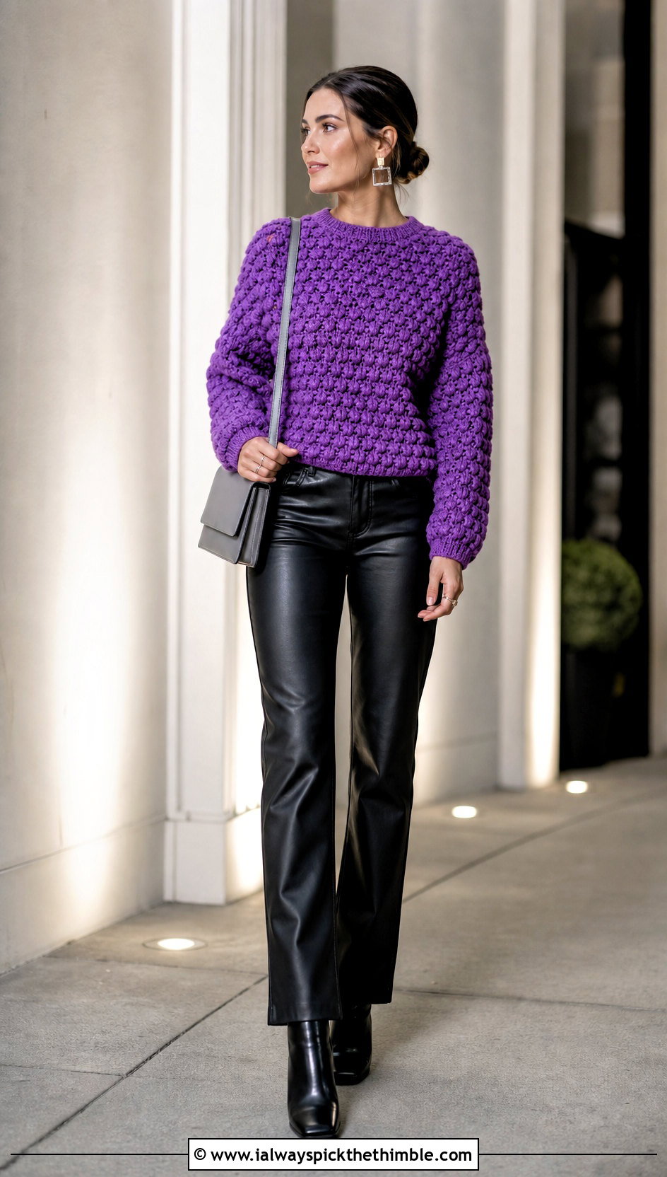 Popcorn Stitch Crochet Sweater With Leather Pants - 20 Crochet Textured Sweater outfit ideas