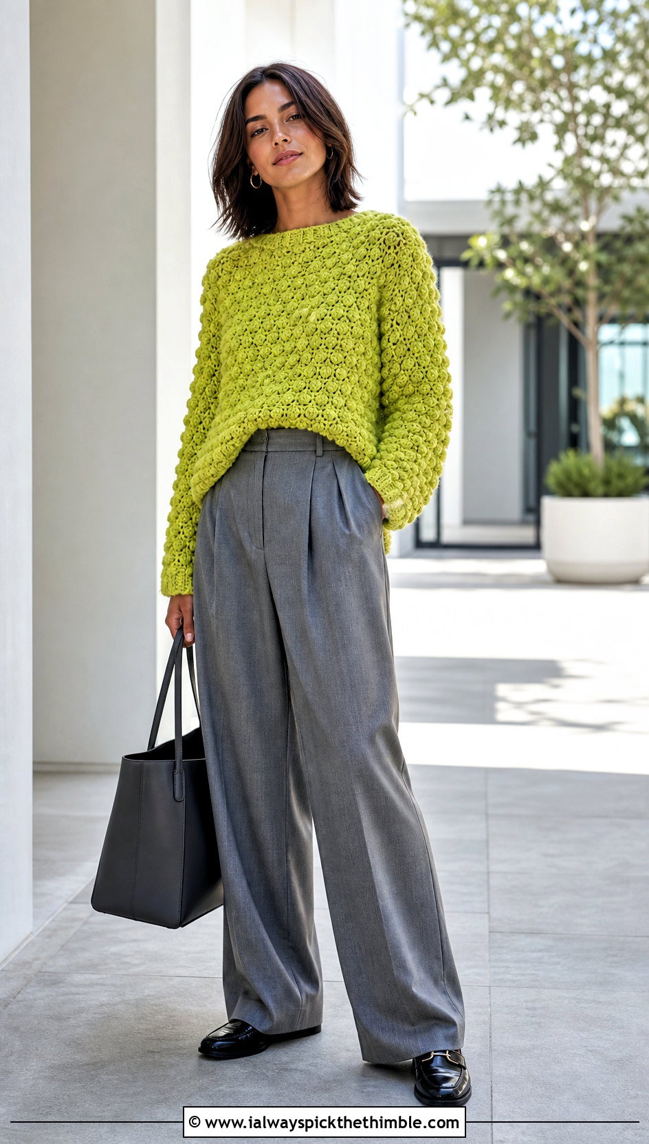 Popcorn Stitch Crochet Sweater With Pleated Trousers - 20 vintage crochet sweater outfit ideas