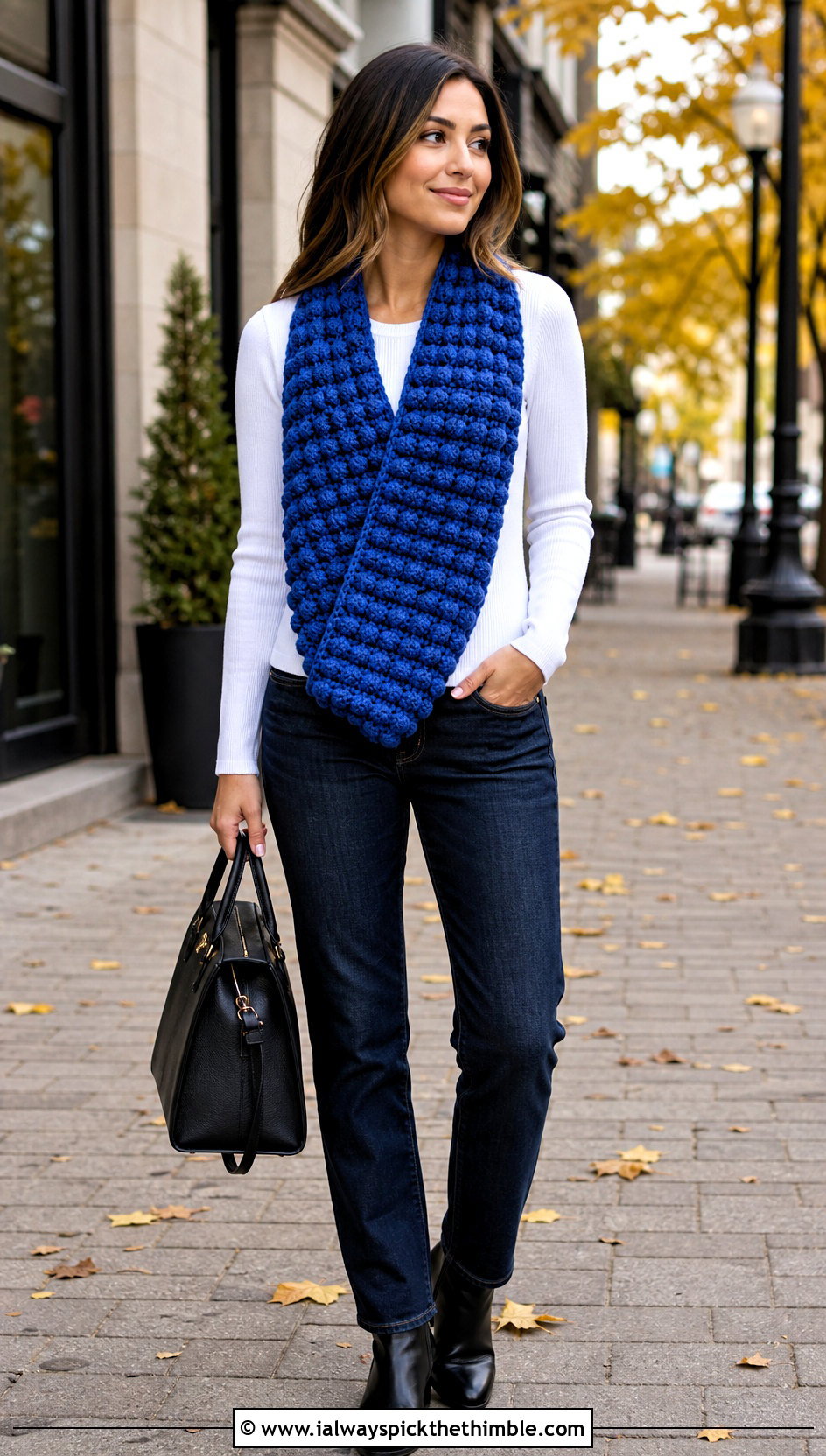 Popcorn Stitch Crossbody Crochet Cowl With Straight Leg Jeans - 15 Crossbody Crochet Cowl outfit ideas