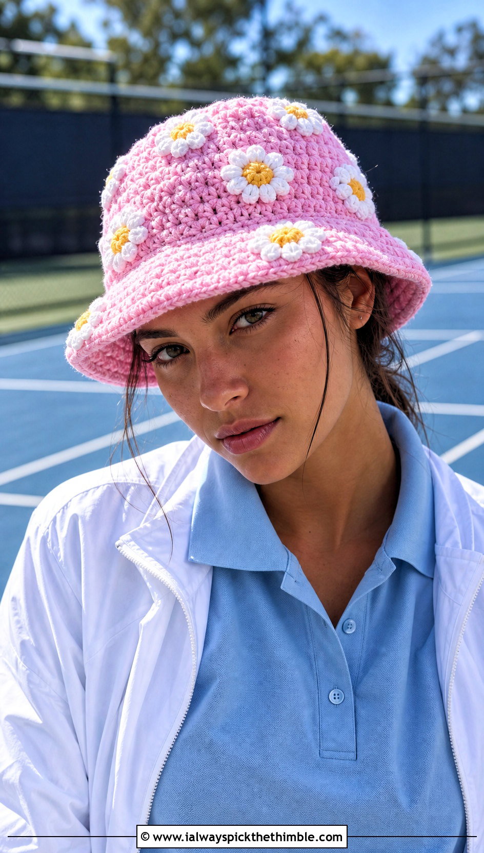 Popcorn Stitch Daisy Crochet Bucket Hat With Tennis Skirt - 20 crochet flower hat outfit ideas