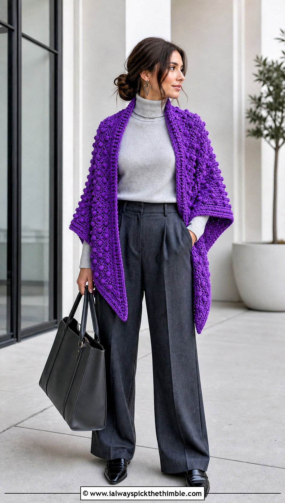 Popcorn Stitch Katniss Shawl With Wide Leg Trousers - 20 Crochet Katniss Shawl outfit ideas
