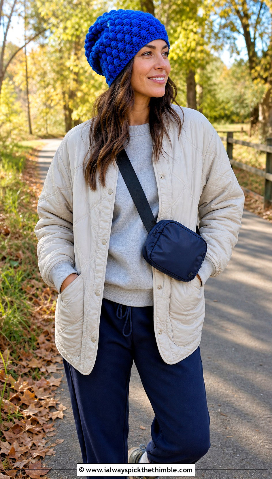 Popcorn Stitch Slouchy Beanie With Quilted Jacket And Joggers - 25 crochet slouchy beanie outfit ideas
