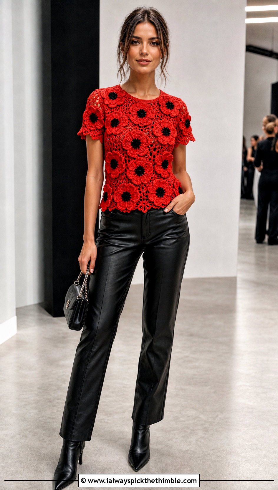 Poppy Applique Crochet Tee With Leather Pants - 25 crochet top with flowers outfit ideas