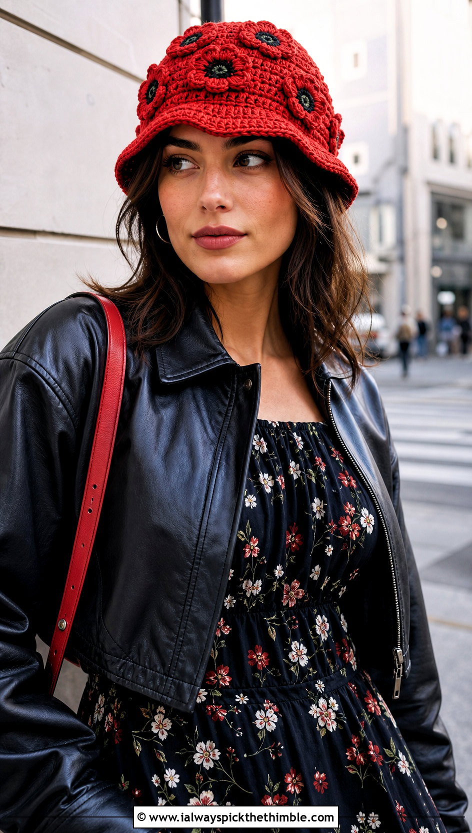Poppy Crochet Bucket Hat With Floral Maxi Dress And Leather Jacket - 15 crochet bucket hat with floral outfit ideas