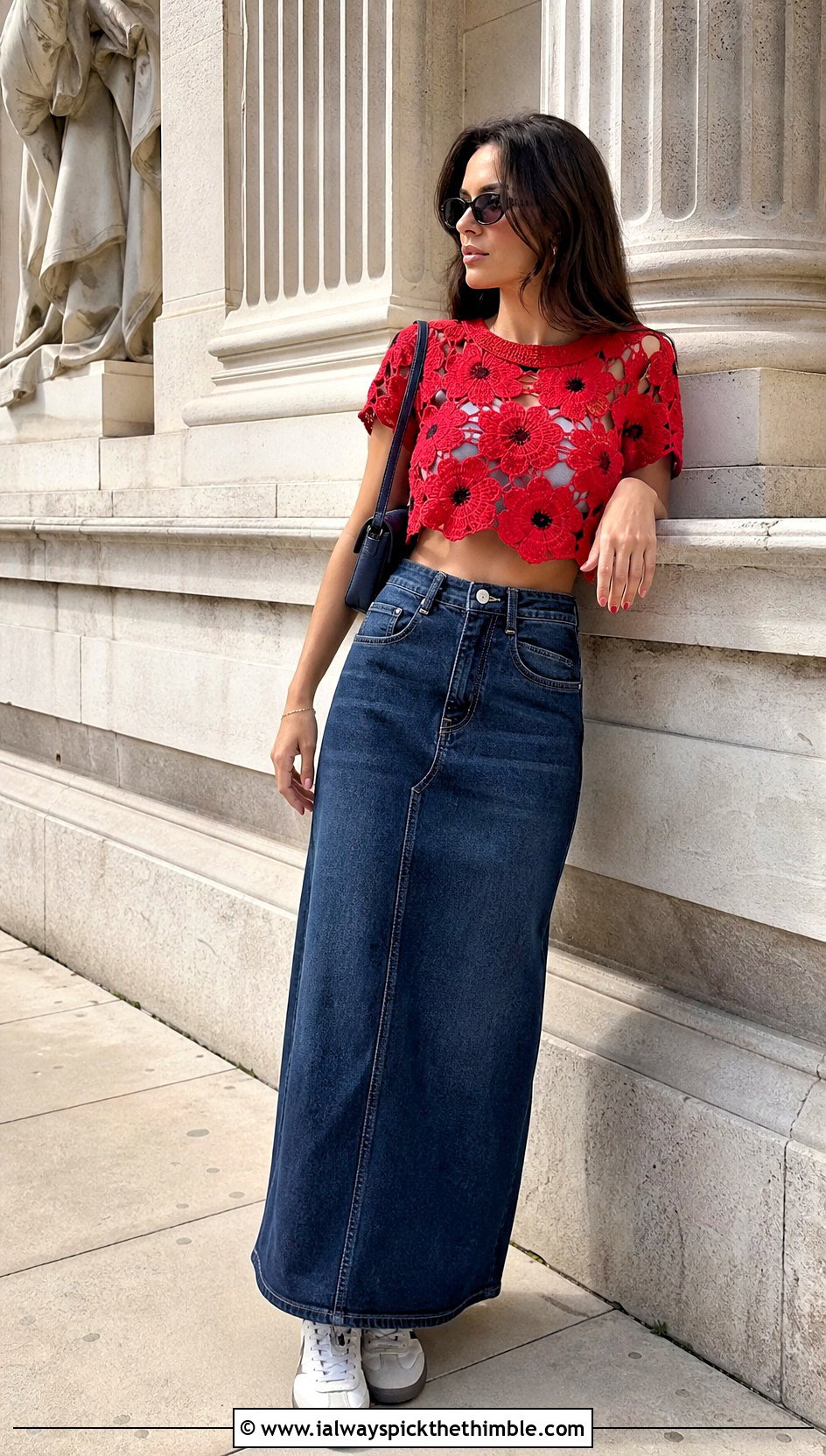 Poppy Crochet Crop Shirt With Denim Maxi Skirt - 25 Crochet Flower Shirt outfit ideas