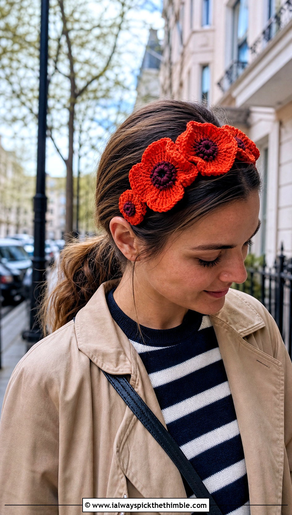 Poppy Crochet Flower Headband With Elastic And Trench Coat Outfit - 15 crochet flower headband with elastic outfit ideas