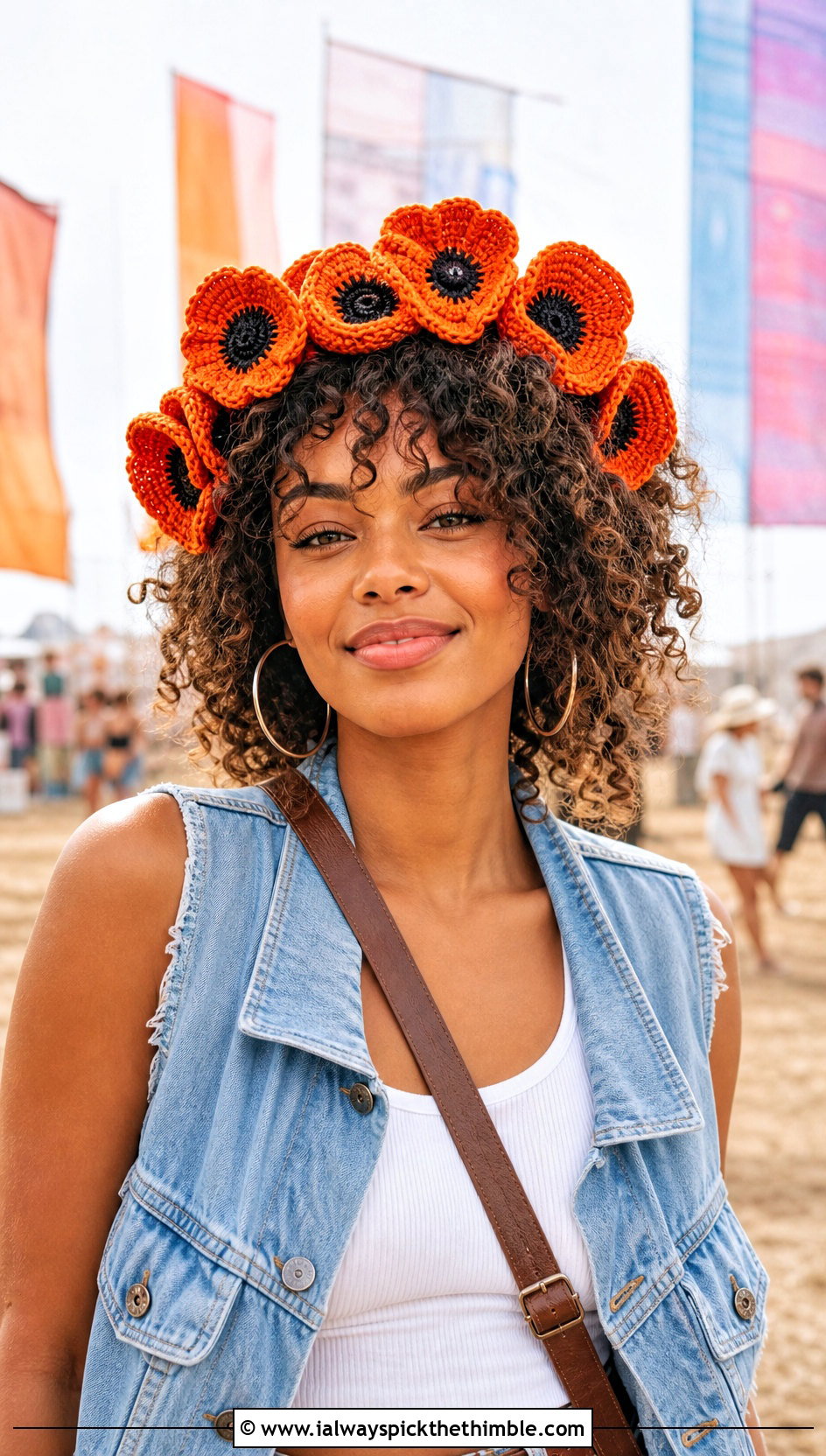 Poppy Crown Crochet Flower Headband With Denim Vest - 25 crochet flower headband outfit ideas